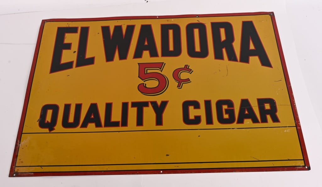 EL WADORA 5c CIGAR TIN SIGN: SST El Wadora 5c Cigar Tin Sign. All original with nice colors. 36"x24" Excellent