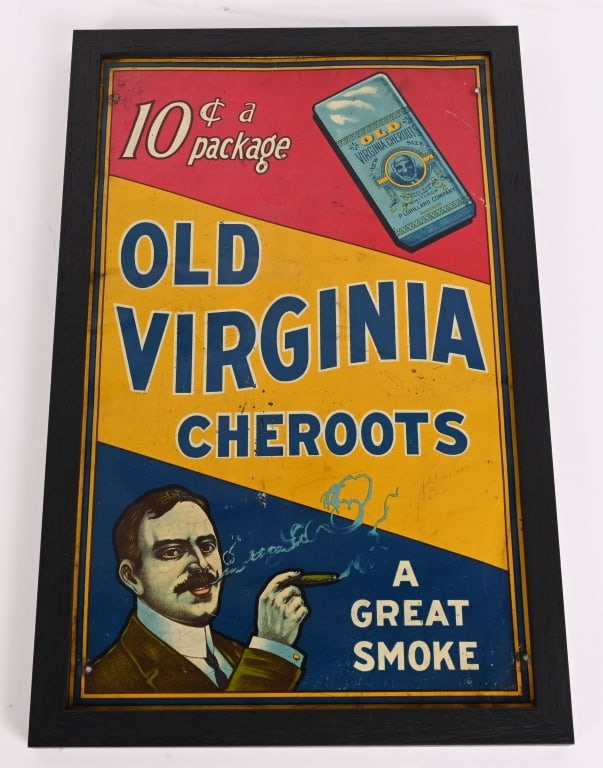 OLD VIRGINIA CHEROOTS TIN SIGN: SST Old Virginia Cheroots tin Sign. All original with nice colors and image. Set in wood. 17 1/2"x11" Excellent