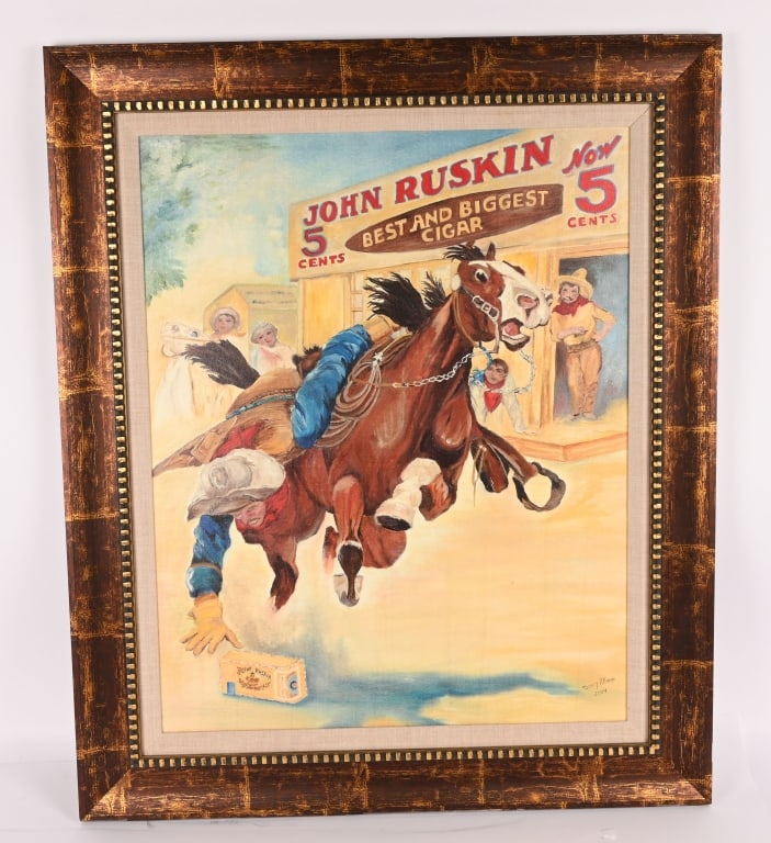 RUSKIN CIGAR ADVERTISEMENT OIL PAINTING By ALLMAN: Wonderful commissioned Ruskin Cigar Advertisement Oil Painting by Tammy Allman. Very well done painting of a classic advertisement for Ruskin Cigars. This piece was commissioned by a private