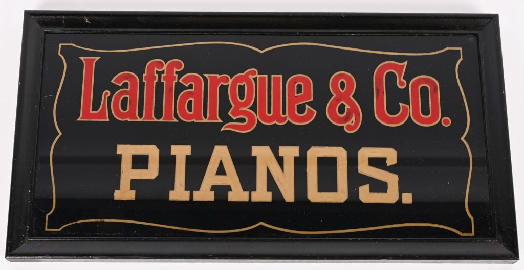 LAFFARGUE & CO PIANO REVERSE PAINTED GLASS SIGN: Laffargue & Co Piano reverse painted glass Sign. All original in great shape. 17"x9" Excellent