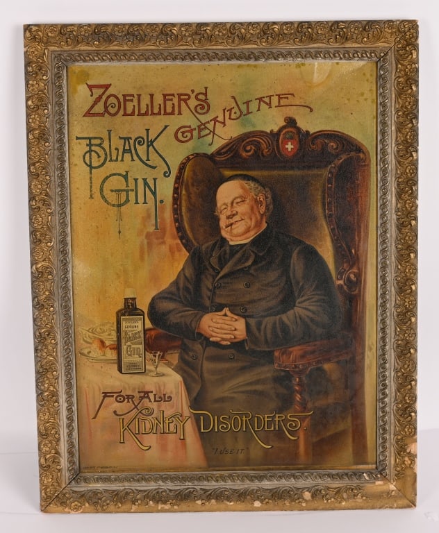 ZOELLER'S BLACK GUN TIN SIGN w/ CIGAR SMOKER: SST Wonderful Zoeller's Black Gin tin advertising Sign. Great image of gentleman smoking a cigar. Has nice colors. Has some minor flaking that is stable and a few spots of touchup. Displays great. In