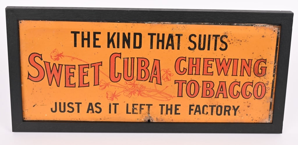 SWEET CUBA TOBACCO TIN SIGN: SST Sweet Cuba Tobacco tin Sign. All original with nice colors. Set in wood frame. 19"x9" Excellent