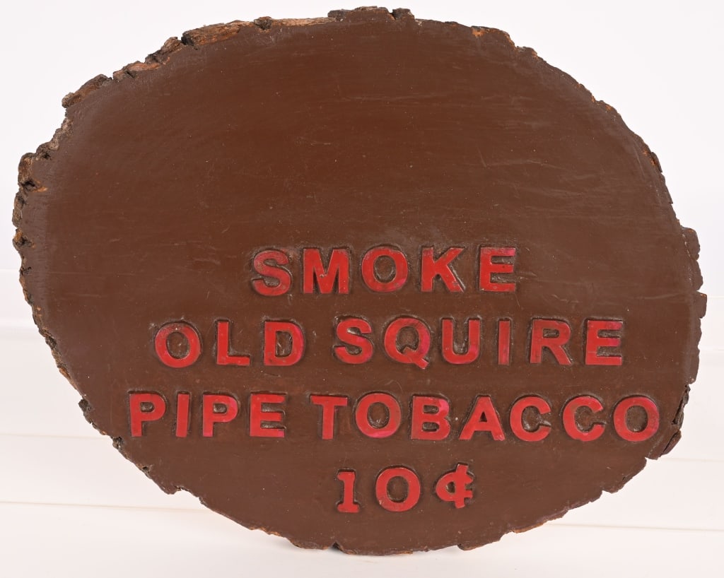 SMOKE OLD SQUIRE PIPE TOBACCO 10c WOOD SIGN: Wooden Smoke Old Squire Tobacco 10c Sign. Made from slice of wood from tree. 12"x9" Excellent