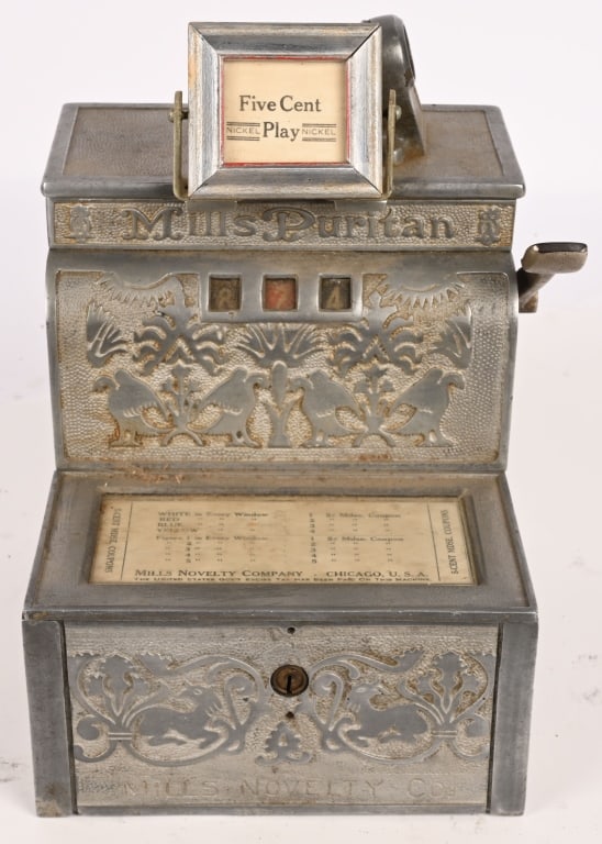5c PURITAN MACHINE TRADE STIMULATOR: Nice 5c Putitan Machine Trade Stimulator. All original with numbered reels. Worked when tested. Marquee replaced. Circa 1904-05. 11" Excellent
