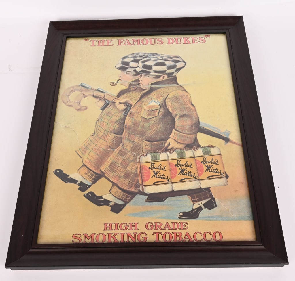 DUKES MIXTURE TOBACCO SIGN: Duke's Mixture Tobacco cardboard Sign. All original with great image. Has tight tear. Displays great. Framed. 25 1/2"x20" Very Good-Excellent