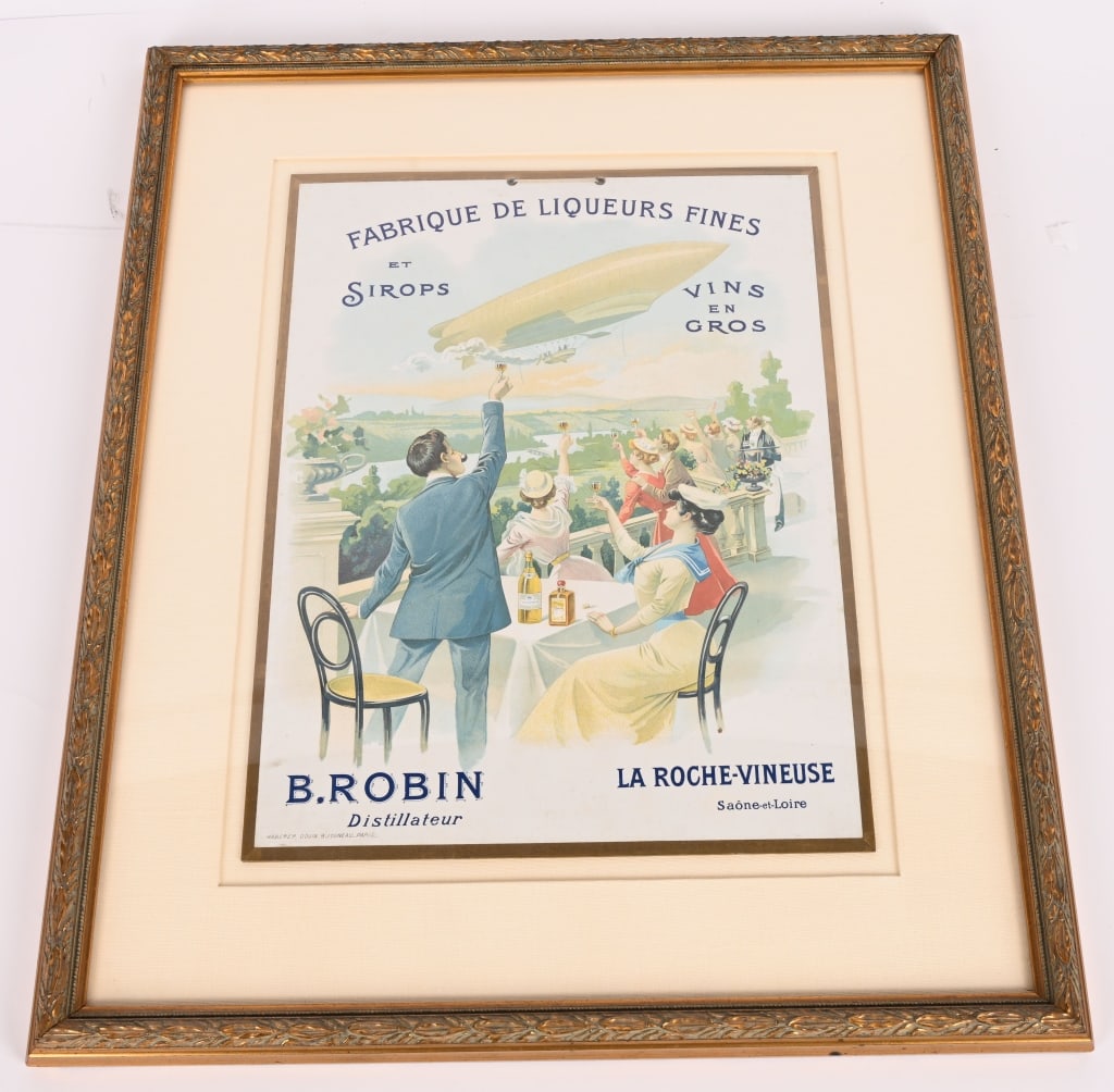 B ROBIN LA ROCHE-VINEUSE WINE & LIQUOR SIGN: Wonderful B Robin La Roche-Vineus wind and liquor distributor cardboard advertising sign. All original with great image of Zeppelin flying over elegant ladies and gentleman. Professionally framed.