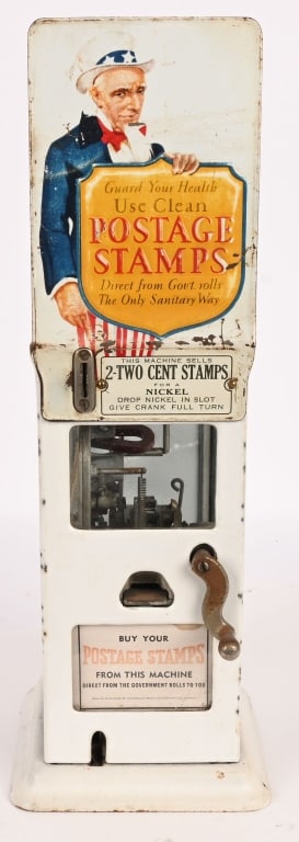 5c UNCLE SAM POSTAGE STAMPS VENDOR: Wonderful 5c 2c Postage Stamp Vendor. Great porcelain and glass machine. Has wonderful tin marquee with image of Uncle Sam. Great condition. 20" Excellent