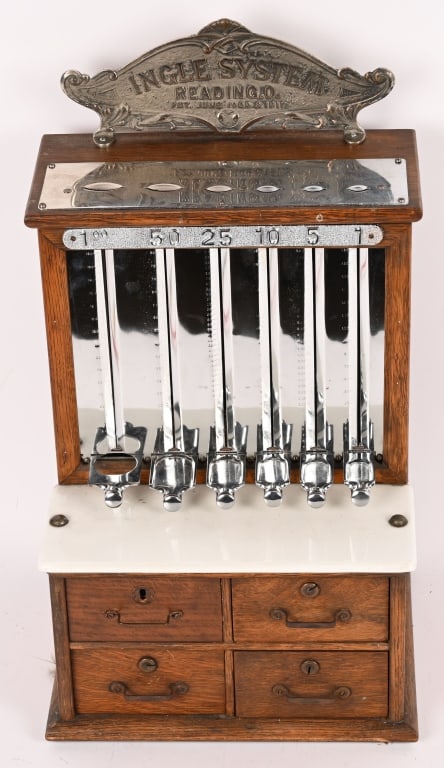 INGEL SYSTEM TOKEN DISPENSER: Ingel System Token Dispenser. Restored condition. These registers were used in company stores or rural markets that used tokens as currency. 22"x12" Excellent