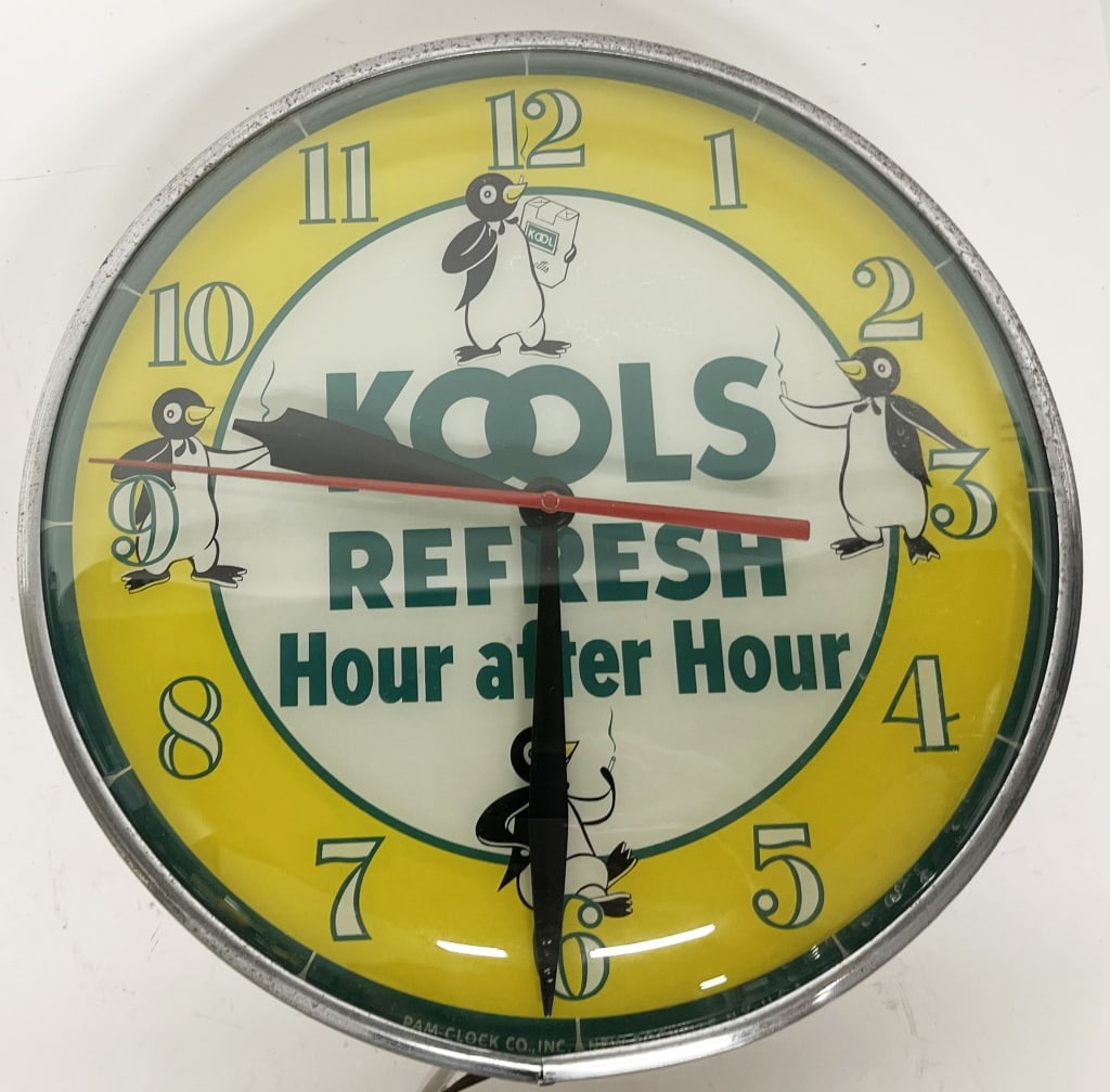 KOOLS CIGARETTES PAM BUBBLE CLOCK: Great looking original Kools Cigarettes Pam Bubble Clock. Has great colors and images of Penguins. Worked when tested. 15" Excellent