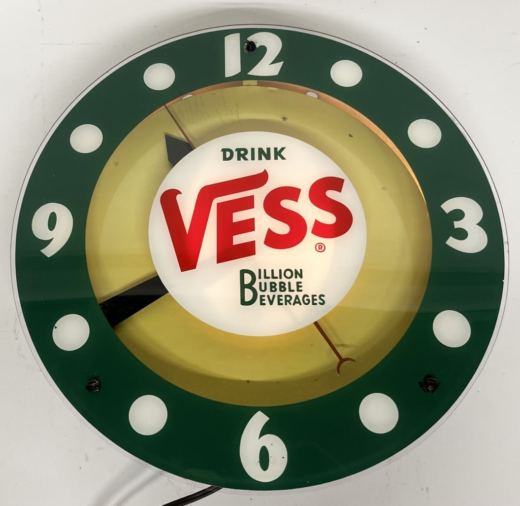 VESS BEVERAGES ADVERTISING CLOCK: Nice original Vess Beverages Advertising Clock. Plastic and metal bubble style. All original in great shape. Worked when tested. 15" Excellent
