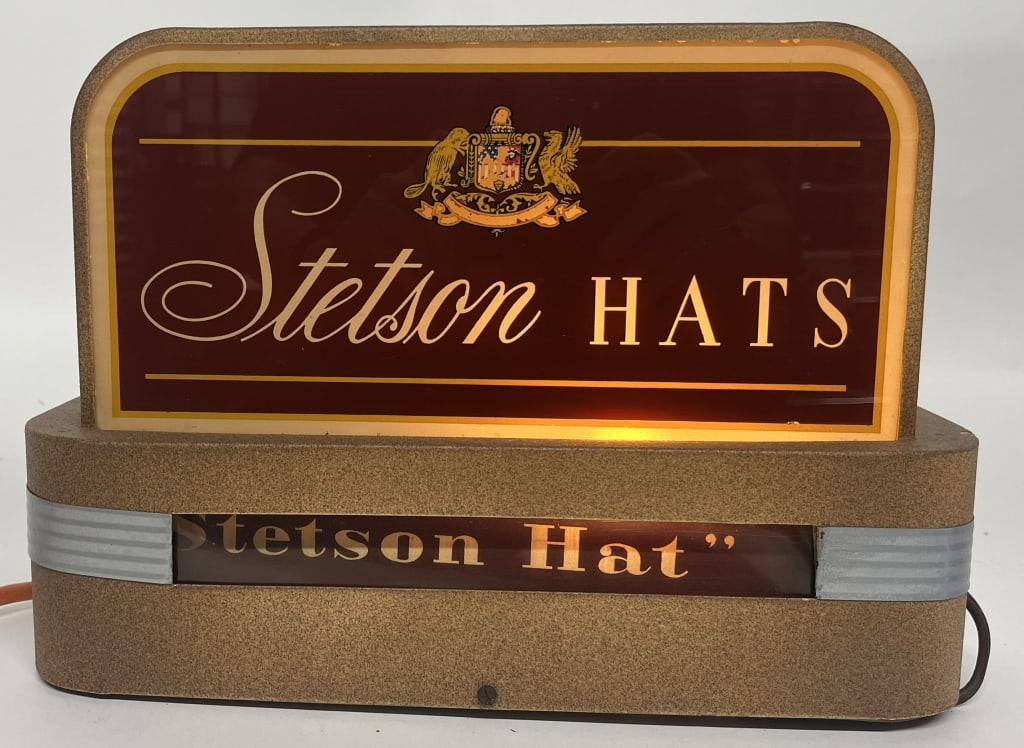 RAY-FLEX STETSON HATS LIGHTUP COUNTER DISPLAY: Very nice Ray-Flex Stetson Hats lightup countertop Display. All original in great condition. Has Ray-Flex label on bottom. Worked when tested. 14"x10" Excellent