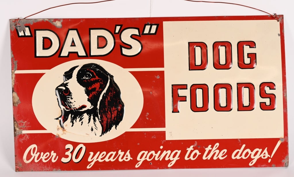DAD'S DOG FOOD EMBOSSED TIN SIGN: Dad's Dog Food embossed tin Sign. All original with nice colors. Has some wear mostly on edges. 24"x13 1/2" Excellent