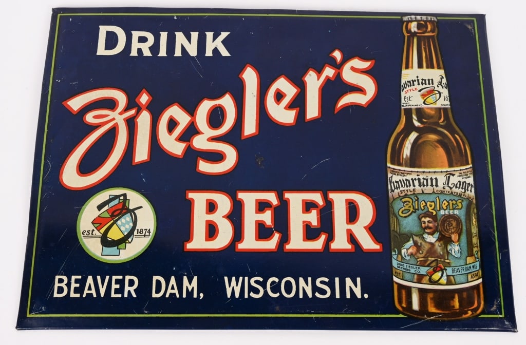 DRINK ZIEGLER'S BEER TIN SIGN: SST Drink Ziegler's Beer tin over cardboard sign. Great colors and image. Brewery from Beaver Dam, Wisconsin. 11 1/2"x8 1/2" Excellent