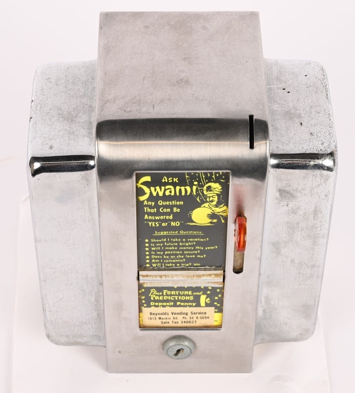 1c SWAMI FORTUNE TELLER NAPKIN DISPENSER: Nice clean 1c Swami Fortune Teller Napkin Dispenser. All original in great condition. With key. 9"x6" Excellent Provenance: Rick Frink Collection
