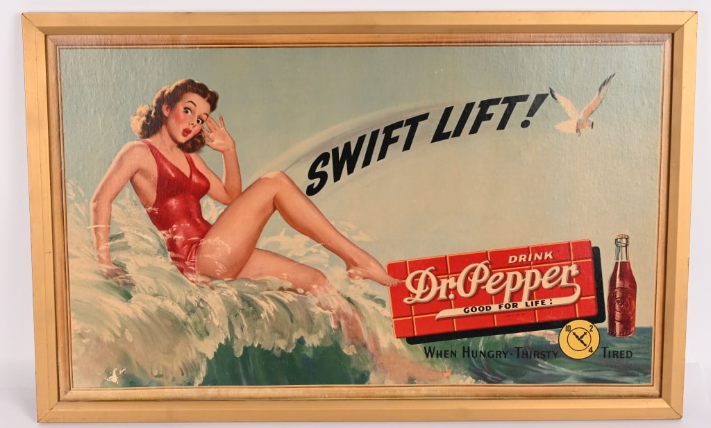 DR PEPPER SWIFT LIFT BATHING BEAUTY SIGN: 1940s Dr Pepper Swift Lift Bathing Beauty framed heavy board sign. Great colors. Has small spot of loss in bottom corner. 33"x21" Excellent