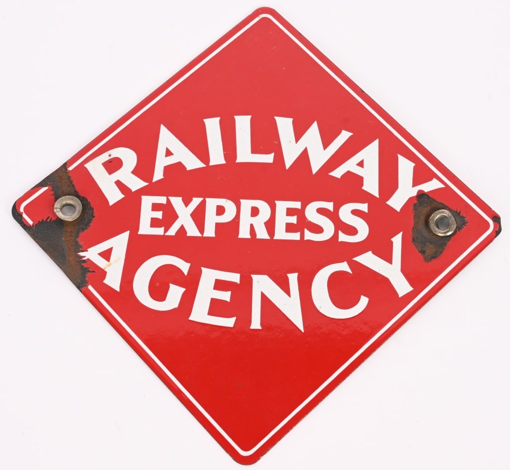 RAILWAY EXPRESS AGENCY PORCELAIN SIGN: SSP Railway Express Agency porcelain sign. All original. Has loss near mounting holes. 8" Excellent