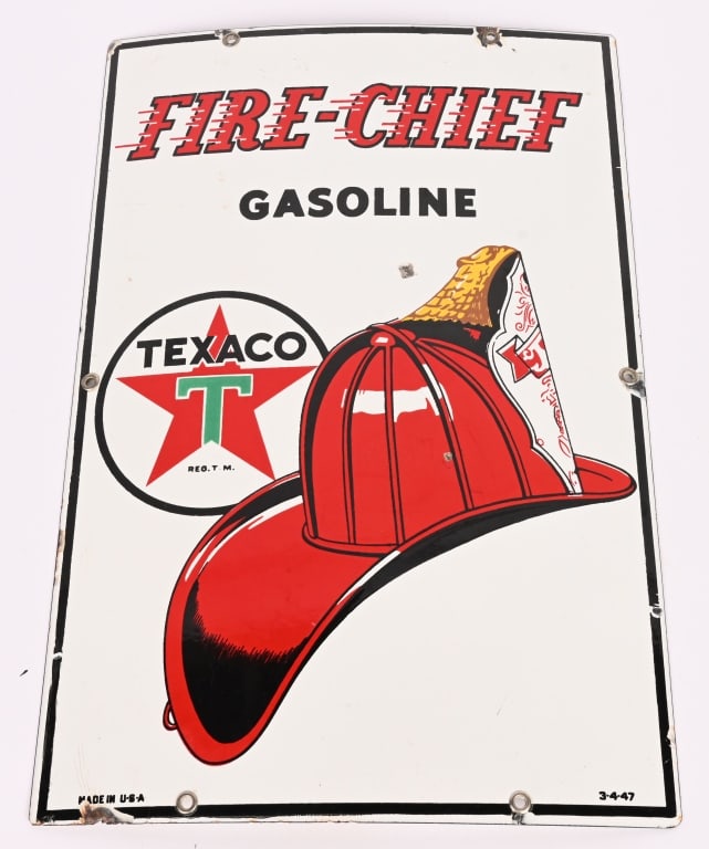 TEXACO FIRE-CHIEF GASOLINE PORCELAIN SIGN: SSP Texaco Fire-Chief Gasoline porcelain Sign. All original with nice colors. marked on bottom Made in USA 3-4-47. 18"x12" Excellent