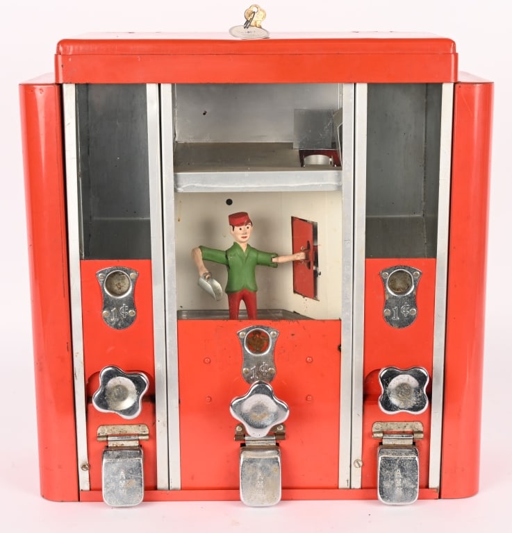 A&M SCOOPY 3 COLUMN GUMBALL MACHINE: RARE A&M Scoopy 3 Column Gumball Machine. All original in great condition. Comes with stand. Has keys. Excellent Measures with stand 47"x18" Provenance: Rick Frink Collection