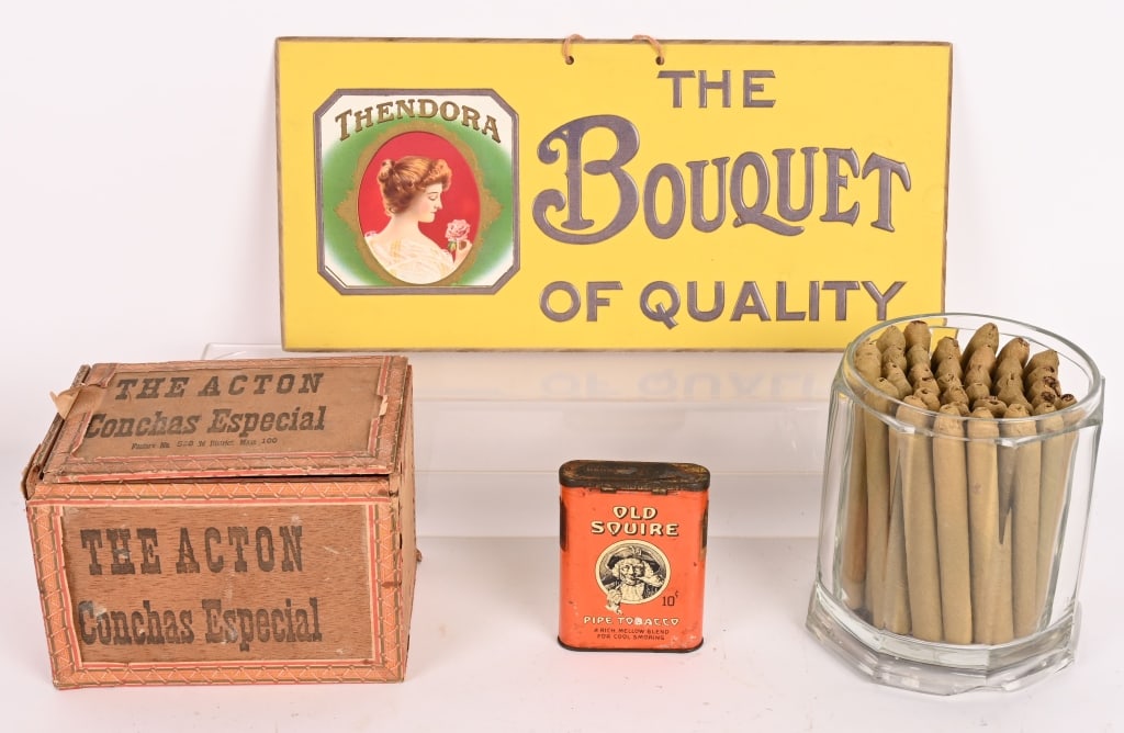 LOT OF CIGAR ITEMS: Includes Boutique Quality Sign, Old Squire Pipe Tobacco Tin, Glass container of Cigars, The Action Cigar Box. Largest 15" Excellent