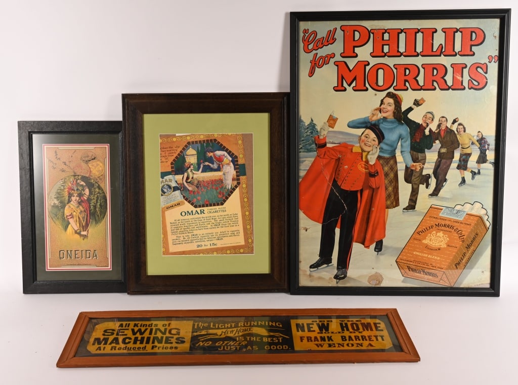 4- VINTAGE ADVERTISING SIGNS: Includes Philips Morris Poster, Omar Cigarettes Paper Page, Oneida Paper Poster, and New Home Sewing Machine. Age and condition 30"x22" AS-IS