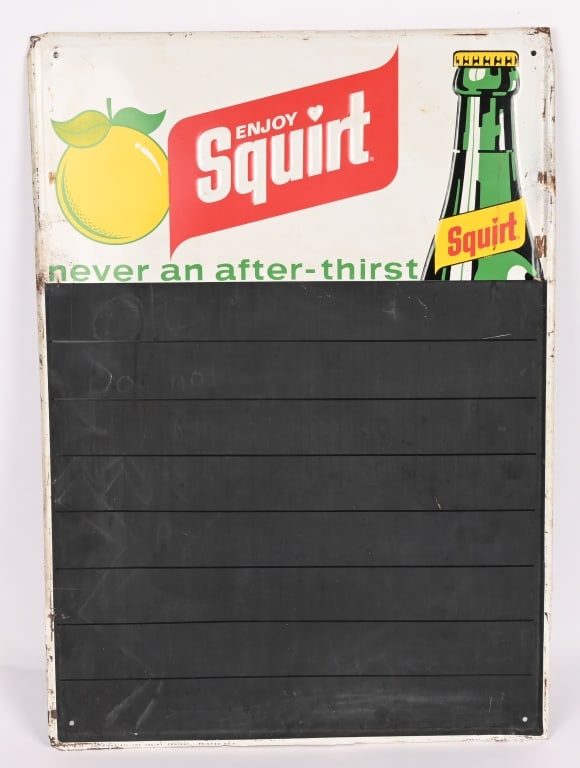 ENJOY SQUIRT EMBOSSED TIN CHALKBOARD SIGN: Enjoy Squirt embossed tin Chalkboard Sign. All original in nice shape. Marked Press Sign Co 4-73 along bottom. 28"x20" Excellent