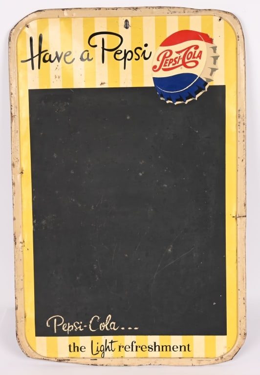 HAVE A PEPSI COLA TIN CHALKBOARD SIGN: Have A Pepsi Please tin Chalkboard Sign. All original with some loss. Marked Stout Sign along bottom. 30"x19 1/2" Very Good