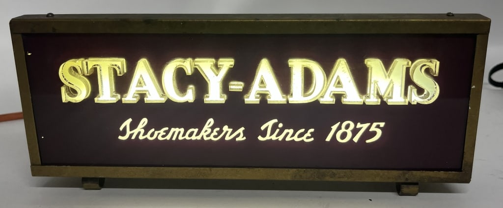 STACY ADAMS SHOEMAKER LIGHTUP COUNTER SIGN: Stacy Adams Shoemaker Lightup Counter Sign. All original in nice shape. Worked when tested. Has new cord. 13"x5 1/2" Excellent