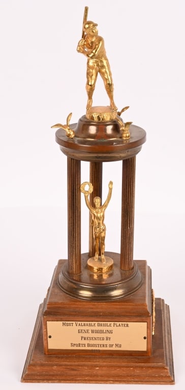 1959 GENE WOODLING BALTIMORE ORIOLE MVP TROPHY: 1959 Baltimore Oriole Most Valuable Player Trophy given to Gene Woodling. All original in great condition with engraved plaque. Woodling was a professional baseball player 1943 and 1962. He played