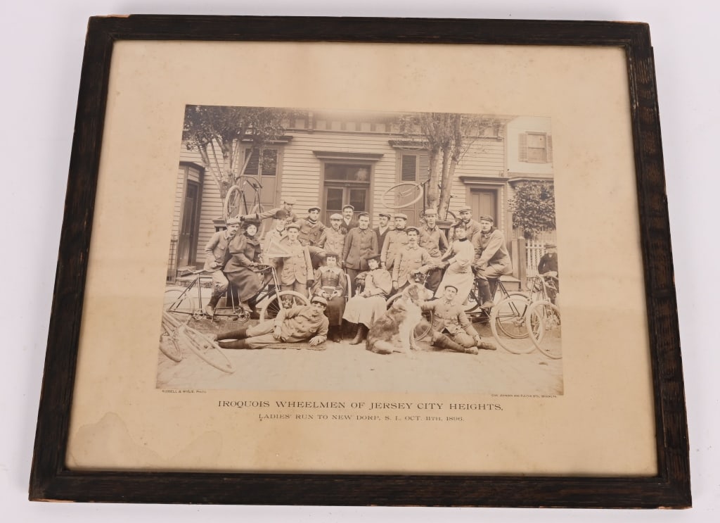 1896 IROQUOIS WHEELMEN OF JERSEY HTS PHOTO: Great 1896 Iroquois Wheelmen of Jersey Heights photo from October 11 1896. Great image of club of Bicycle Riders with Bicycles. Framed. 21"x17 1/2" Excellent