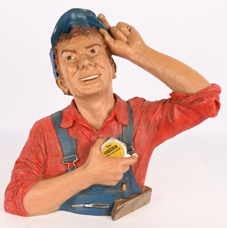 STANLEY TOOLS CARPENTER STORE DISPLAY: Stanley Tools Carpenter Store Display. All original made of resin. Lower arm has clean repair. Displays great. 20" Excellent