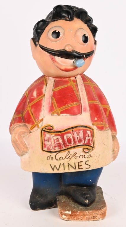 AROMA WINDE CHALKWARE ADVERTISING FIGURE: Aroma California Wines chalkware Advertising Figure. All original comical looking figure. Has some minor wear. 20" Excellent