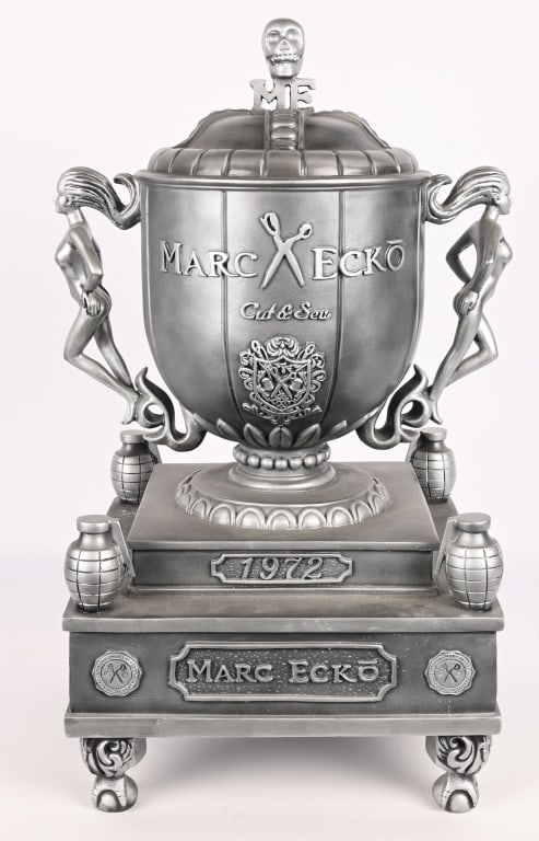 MARC ECKO CUT & SEW GRENADE TROPHY DISPLAY: Marc Ecko Cut & Sew Grenade Trophy Store Display. All original with unusual design with Grenades and Skull. Made of a composition material. 27" Excellent