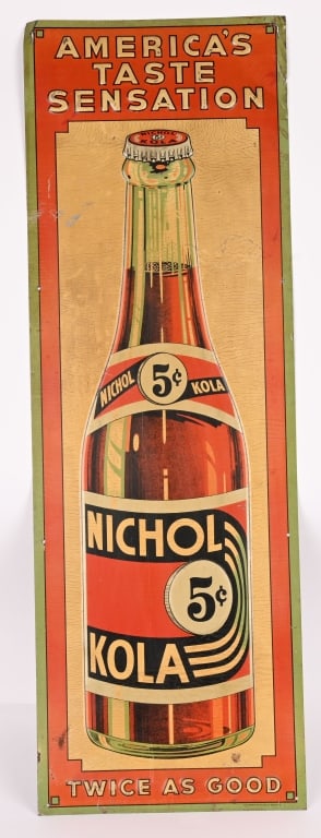 5c NICHOL KOLA EMBOSSED TIN SIGN: SST 5c Nichol Kola embossed tin Sign. All original with nice colors and graphics. Marked The Parker Metal Dec Co along bottom edge. 35 1/2"x12" Excellent