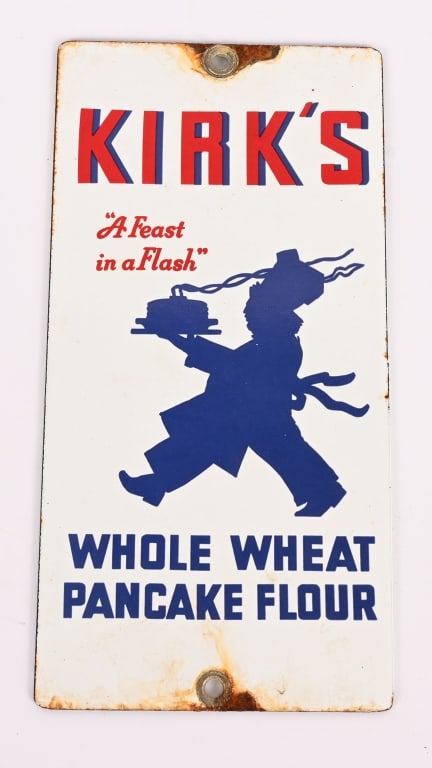 KIRK'S PANCAKE FLOUR PORCELAIN DOOR PUSH: Kirk's Pancake Flour Porcelain Door Push. All original with nice colors. 8"x4" Excellent