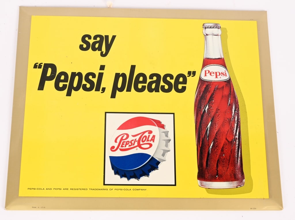 SAY PEPSI PLEASE TIN OVER CARDBOARD SIGN: Say Pepsi Please tin over cardboard Sign. Great condition. 11"x9" Excellent
