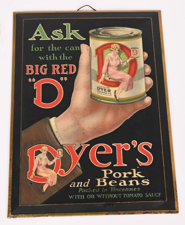 DYERS PORK & BEANS TIN SIGN: Dyers Pork and Beans tin Sign. Great colors and image. Has a couple tiny mounting holes and back wear. Displays great. 11"X8" Very Good-Excellent