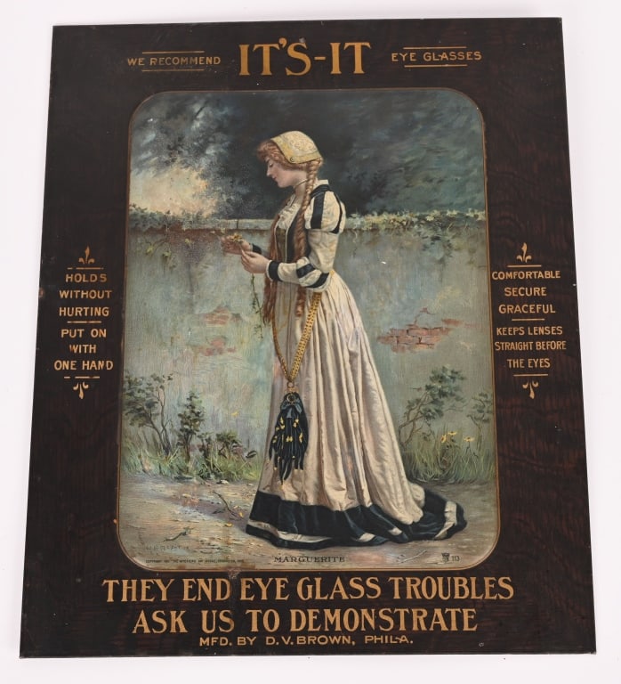 IT'S IT EYE GLASSES EMBOSSED TIN SIGN: It's It Eye Glassed embossed tin over cardboard Sign. Great image of Marguerite. 14"x12" Excellent