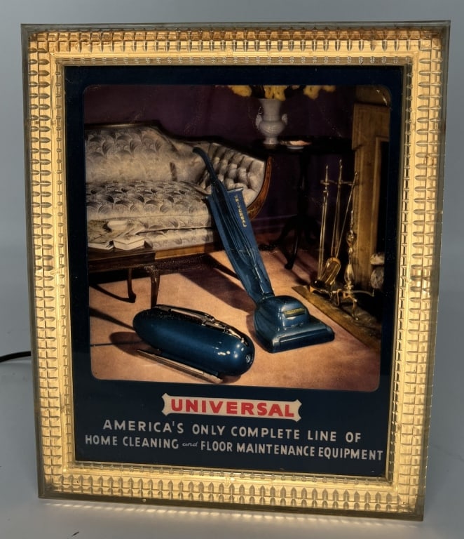 UNIVERSAL VACUUM LIGHTUP COUNTER SIGN: Universal Vacuum Lightup Counter Sign. All original and worked when tested. 12"x9 1/2" Excellent