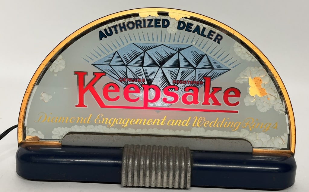 KEEPSAKE DIAMOND RINGS DECO LIGHTUP SIGN: Keepsake Diamond Rings Deco Lightup Shelf Sign. All original with some loss on glass. Worked when tested. 13" Very Good