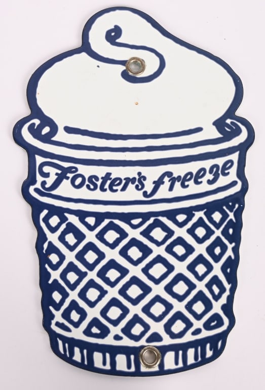 FOSTER'S FREEZE DIECUT PORCELAIN SIGN: Foster's Freeze Diecut Ice Cream Come Porcelain Sign. All original in great shape. 8 1/2"x5 1/2" Excellent