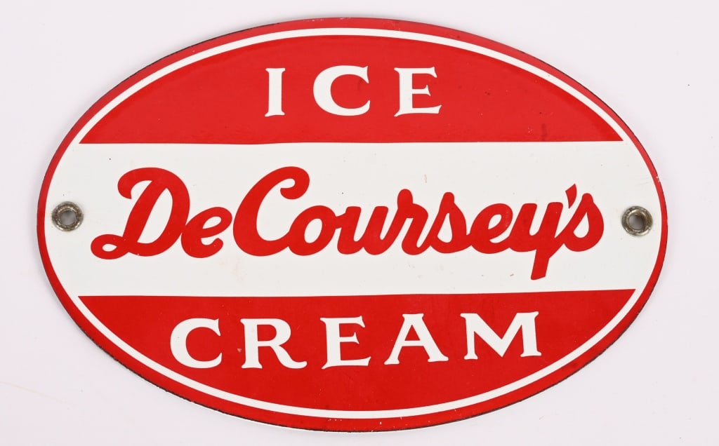 DeCOURSEY'S ICE CREAM PORCELAIN SIGN: DeCoursey's Ice Cream porcelain Sign. All original in great shape. 6"x4" Excellent