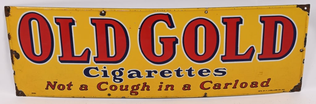 OLD GOLD CIGARETTES PORCELAIN SIGN: SSP Old Gold Cigarettes single sided porcelain Sign. Nice colors. Has some edge wear. Marked MFG P Lorillard Co Inc. 36"x12" Very Good-Excellent