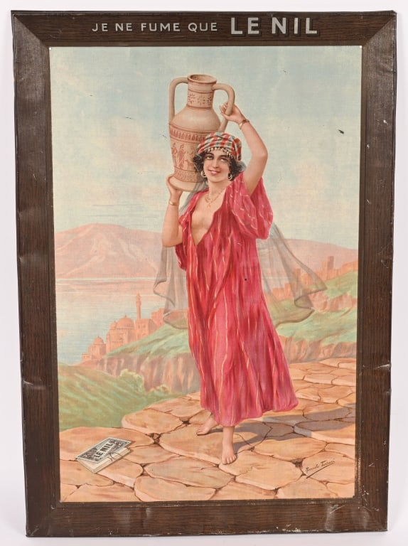 LE NIL TOBACCO SELF FRAMED TIN SIGN: Nile Tobacco self framed tin sign. Nice image of woman with water jug and package of tobacco on ground. Image by artist Rumalo Tessari. Has very nice colors. Sign has a few rubs bends. 26 1/2"x 18