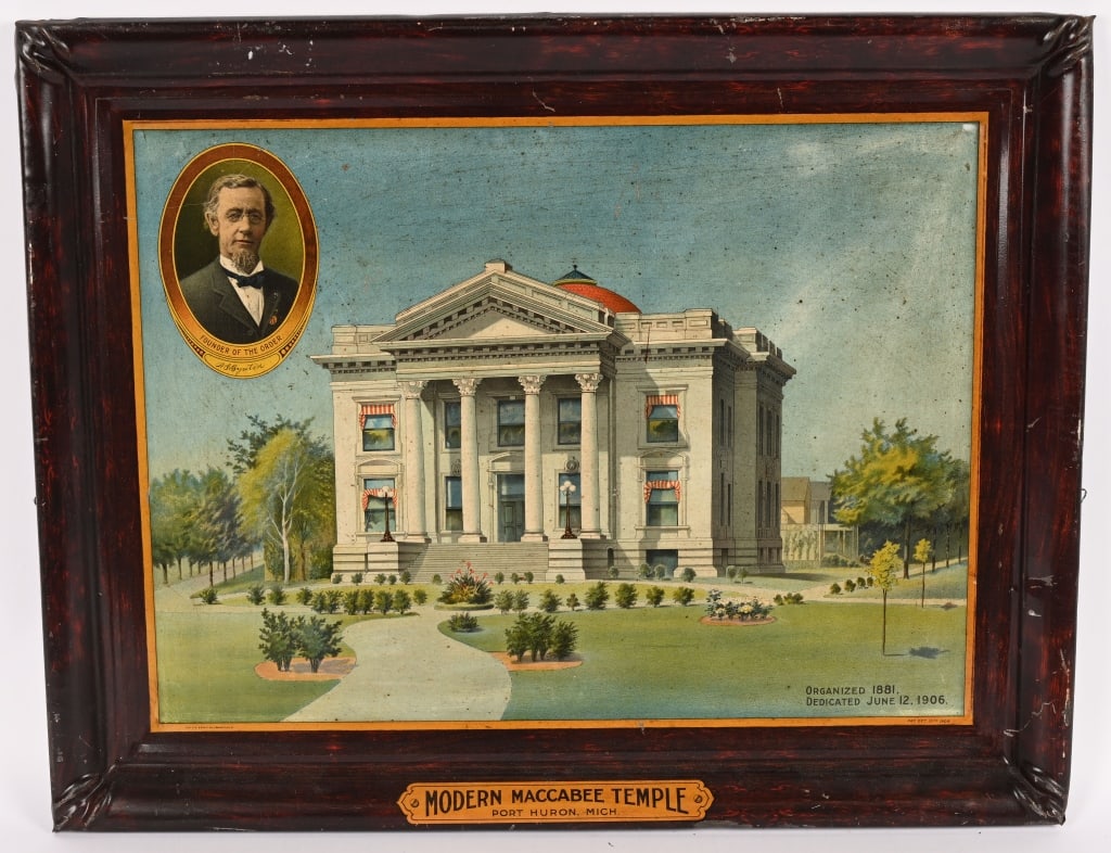 MODERN MACCABEE TEMPLE SELF FRAMED TIN SIGN: Modern Maccabee Temple self framed tin Sign. All original with nice image and colors. Dated 1906. 28"x22" Excellent