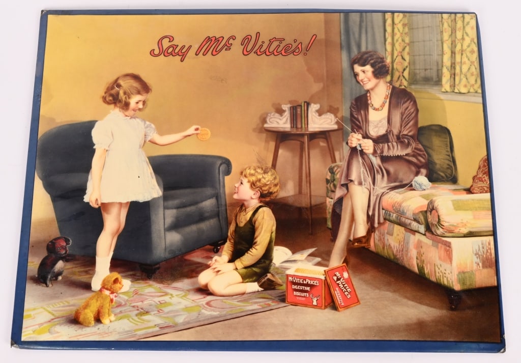 McVITIE & PRICE'S BISCUITS TIN SIGN: McVite & Price's Biscuits tin over cardboard Sign. Great color and image. 19"x14 1/2" Excellent
