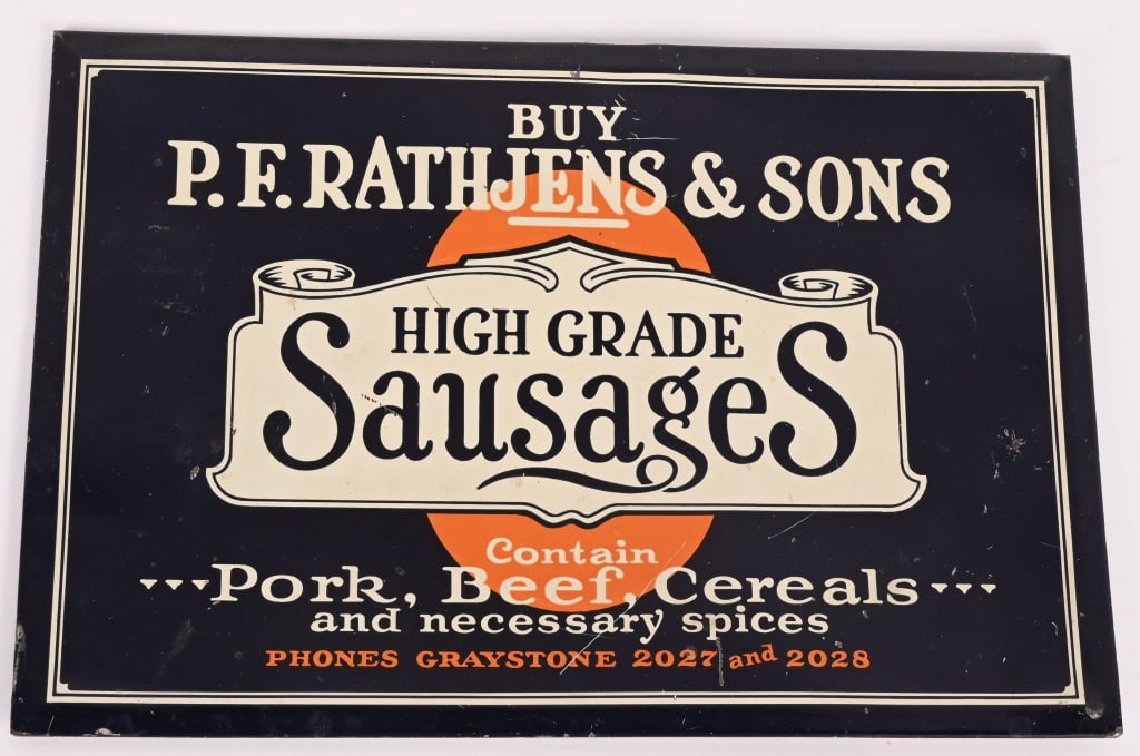 PF RATHJENS & SONS SAUSAGES TIN SIGN: PF Rathjens & Sons tin over cardboard Sign. Great shape. 9 1/2"x6 1/2" Excellent