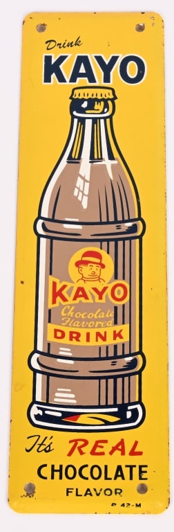 KAYO CHOCOLATE DRINK TIN DOOR PUSH: Kayo Chocolate Drink tin Door Push. Nice condition. Marked 42-M along bottom. 10"x3" Excellent
