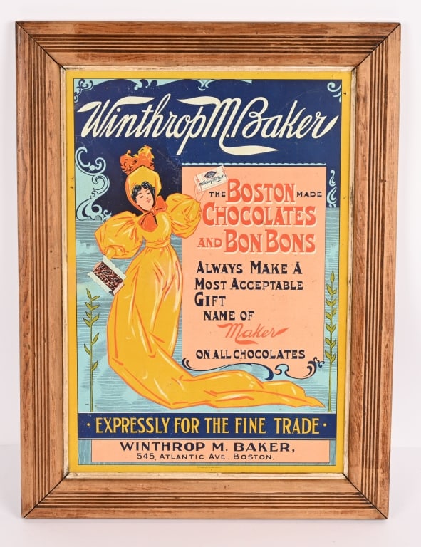 WINTHROP M BAKER CHOCOLATES TIN SIGN: Winthrop M Baker Chocolates and Bon Bons tin Sign. Great image and colors. Set in wood frame. Marked Standard Avd Co along bottom. 24"x18" Framed. Excellent