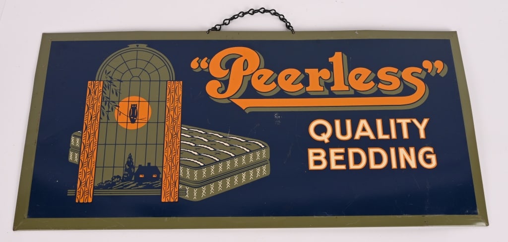 PEERLESS QUALITY BEDDING TIN SIGN: Peerless Quality Bedding tin over cardboard Sign. Full Moon and Owl graphics. Nice condition. 23"x11" Excellent