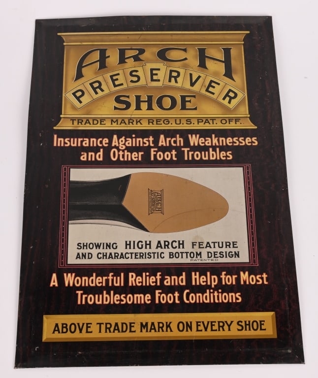 ARCH PRESERVER SHOE TIN OVER CARDBOARD SIGN: Arch Preserver tin over cardboard Sign. Nice condition. 19"x13" Excellent